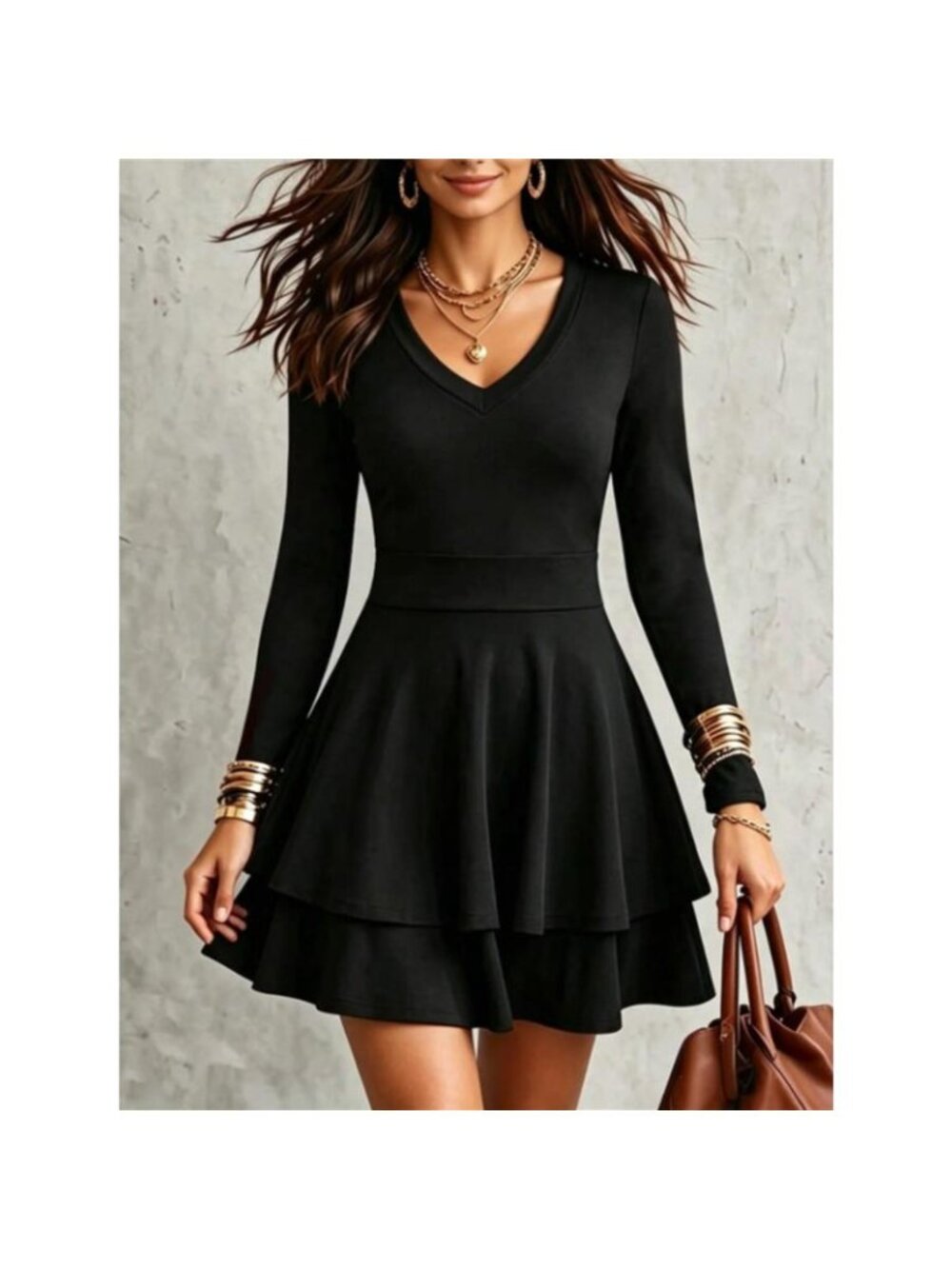 V-Neck Long Sleeve Layered Ruffle Mini Dress